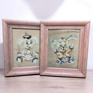 Vintage 50s Children’s Bedroom Decor Painted Framed Canvas Bunnies & Elephants